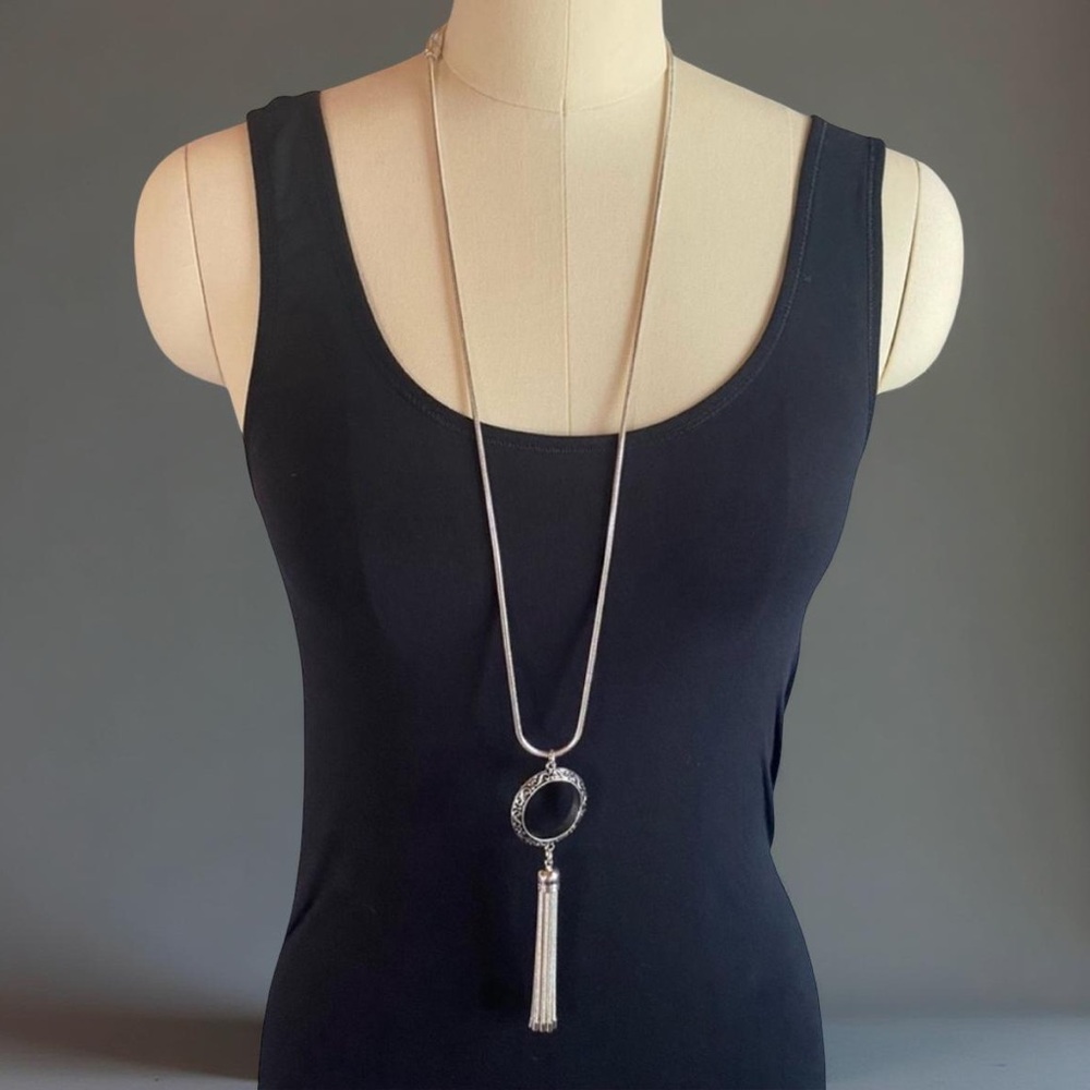 Boho Silver-Tone Snake Chain Scroll Circle Fringe Tassel Pendant Necklace